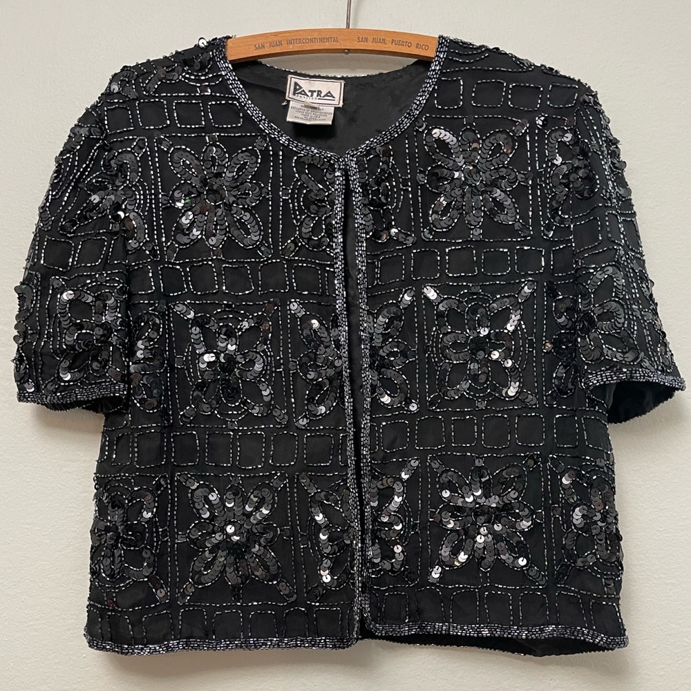 VINTAGE Patra Beaded Silk Blouse, Black Sz PM